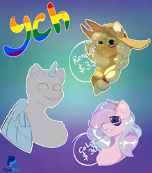 Size: 3500x4000 | Tagged: safe, artist:luanbang, oc, alicorn, earth pony, pegasus, pony, unicorn, g4, advertisement, bisexual, bisexual pride flag, bow, clothes, commission, commission info, cowboy hat, cute, female, gradient background, hair bow, hat, horn, lesbian, lesbian pride flag, looking at you, male, mare, outline, pride, pride flag, pride month, pride ponies, render, ych example, ych result, ych sketch, your character here