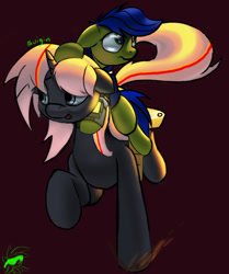 Size: 618x739 | Tagged: safe, artist:quicksilver1987, artist:suigin migasuto, oc, oc only, oc:scotch tape, oc:velvet remedy, earth pony, pony, unicorn, fallout equestria, fallout equestria: project horizons, g4, bag, clothes, duo, earth pony oc, fanfic art, floppy ears, glowing, horn, jumpsuit, medical saddlebag, pipbuck, purple background, riding, riding a pony, running, saddle bag, signature, simple background, sunglasses, unicorn oc, vault suit