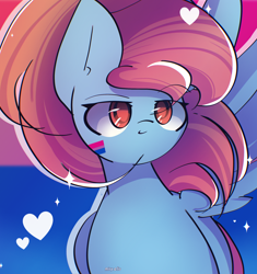 Size: 2400x2550 | Tagged: safe, artist:miryelis, oc, oc only, oc:rainven wep, pegasus, pony, female, heart, long hair, mare, ponytail, pride, pride flag, red eyes, smiling, solo, wings