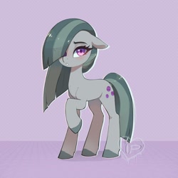 Size: 1200x1200 | Tagged: safe, artist:inkypuso, marble pie, earth pony, pony, g4, cute, female, floppy ears, hair over one eye, marblebetes, mare, purple background, raised hoof, simple background, solo