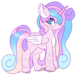 Size: 1476x1444 | Tagged: safe, artist:pasteldraws, oc, oc only, oc:amora love, alicorn, pony, blushing, colorful, commission, fading, horn, multicolored hair, simple background, solo, sparkles, swirls, transparent background, two toned eyes, wings