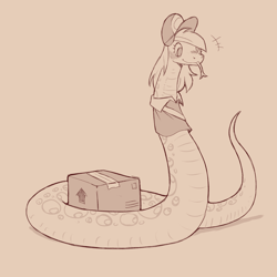 Size: 1200x1200 | Tagged: safe, artist:cold-blooded-twilight, derpy hooves, snake, anaconda, blushing, box, clothes, monochrome, raised tail, sketch, species swap, tail, tongue out, uniform