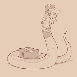 Size: 1200x1200 | Tagged: safe, artist:cold-blooded-twilight, derpy hooves, snake, g4, anaconda, blushing, box, clothes, forked tongue, monochrome, raised tail, sketch, snerpy, species swap, tail, tongue out, uniform