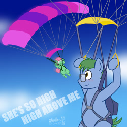 Size: 1024x1024 | Tagged: safe, artist:phallen1, oc, oc only, oc:software patch, oc:windcatcher, earth pony, pegasus, atg 2024, blushing, duo, duo male and female, earth pony oc, female, male, newbie artist training grounds, oc x oc, parachute, pegasus oc, shipping, sky background, skydiving, song reference, straight, tal bachman, windpatch