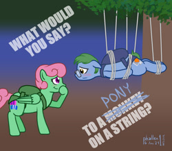 Size: 1024x903 | Tagged: safe, artist:phallen1, oc, oc only, oc:software patch, oc:windcatcher, earth pony, pegasus, atg 2024, blushing, dave matthews band, duo, earth pony oc, newbie artist training grounds, parachute, pegasus oc, simple background, song reference, tangled up, tree