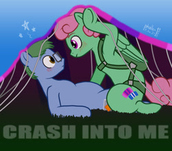 Size: 1024x898 | Tagged: safe, artist:phallen1, oc, oc only, oc:software patch, oc:windcatcher, earth pony, pegasus, atg 2024, blushing, covered, dave matthews band, duo, earth pony oc, eye to eye, face to face, first meeting, implied accident, newbie artist training grounds, parachute, pegasus oc, shipping, simple background, sitting on lap, song reference