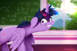 Size: 2400x1600 | Tagged: safe, artist:darksly, twilight sparkle, alicorn, pony, a trivial pursuit, g4, atg 2024, backwards cutie mark, chalkboard, crazy grin, featured image, female, floppy ears, grin, mare, messy mane, newbie artist training grounds, smiling, solo, twilight snapple, twilight sparkle (alicorn), twilighting, twilynanas, wavy mouth, window