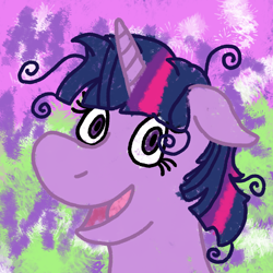 Size: 1000x1000 | Tagged: safe, artist:mintwhistle, twilight sparkle, pony, unicorn, g4, abstract background, atg 2024, bust, female, horn, insanity, looking at you, mare, medibang paint, messy mane, newbie artist training grounds, no catchlights, open mouth, open smile, smiling, smiling at you, solo, twilight snapple, unicorn twilight