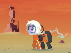 Size: 5000x3750 | Tagged: safe, artist:a4r91n, twilight sparkle, pony, unicorn, g4, astronaut, dune, dune part two, helmet, horn, looking up, microphone, scenery, solo, spacesuit, unicorn twilight, walking