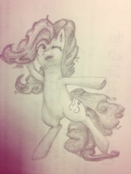 Size: 768x1024 | Tagged: safe, artist:sasho-shirokami, pinkie pie, earth pony, pony, g4, bipedal, female, mare, monochrome, open mouth, tail, traditional art