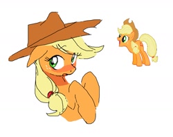 Size: 1829x1449 | Tagged: safe, artist:cheesesauce_45, applejack, earth pony, pony, g4, applejack's hat, blonde mane, blushing, colored, cowboy hat, cute, ears back, eyebrows, eyebrows visible through hair, eyelashes, female, flat colors, floppy ears, flustered, freckles, green eyes, hat, jackabetes, looking back, mare, open mouth, orange coat, ponytail, raised hooves, reference used, simple background, solo, stetson, tied mane, vector, white background, wingding eyes
