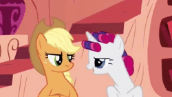 Size: 1280x720 | Tagged: safe, edit, edited screencap, screencap, sound edit, applejack, rarity, earth pony, pony, unicorn, ponies: the anthology, g4, look before you sleep, season 1, animated, applejack's hat, cowboy hat, female, hair curlers, hat, horn, mare, sound, the emperor's new groove, webm