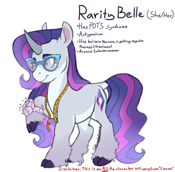Size: 1584x1550 | Tagged: safe, artist:caffeinatedcarny, rarity, pony, unicorn, g4, alternate cutie mark, alternate universe, aromantic, asexual, bulimia, chubby, cloven hooves, coat markings, curved horn, disabled, eyeshadow, glasses, gradient legs, gradient mane, headcanon, horn, intersex, leonine tail, lgbt, lgbt headcanon, lgbtq, makeup, measuring tape, pincushion, pots syndrome, redesign, simple background, solo, tail, unshorn fetlocks