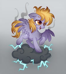 Size: 1227x1372 | Tagged: safe, artist:rozmed, derpy hooves, pegasus, pony, g4, the last roundup, burn marks, chest fluff, female, floppy ears, frazzled, i just don't know what went wrong, lightning, mare, open mouth, open smile, smiling, smoke, solo, spread wings, stormcloud, wings