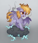 Size: 1227x1372 | Tagged: safe, artist:rozmed, derpy hooves, pegasus, pony, g4, the last roundup, burn marks, chest fluff, cloud, female, floppy ears, frazzled, gradient background, i just don't know what went wrong, lightning, mare, on a cloud, open mouth, open smile, smiling, smoke, solo, spread wings, stormcloud, wings