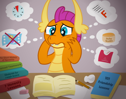 Size: 3300x2605 | Tagged: safe, artist:sweetielover, smolder, dragon, g4, atg 2024, book, clock, cream, dragoness, eraser, female, flag, flag of equestria, friendship student, high res, newbie artist training grounds, paper, pencil, scale, simple background, solo, stressed, studying, test, thinking bubble, worried