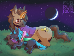 Size: 1700x1300 | Tagged: safe, artist:furufoo, oc, oc only, oc:changeling filly anon, oc:filly anon, changeling, horse, pony, unicorn, brush, brushing mane, clothes, cloven hooves, cute, duo, ear piercing, earring, female, filly, glasses, hairbrush, hooves, horn, jewelry, magic, moon, night, piercing, smiling, sweater