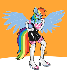 Size: 2950x3300 | Tagged: safe, artist:latexia, rainbow dash, pegasus, anthro, g4, abstract background, bedroom eyes, boots, breasts, clothes, commission, cosplay, costume, evening gloves, female, gloves, high heel boots, high res, latex, latex gloves, latex suit, long gloves, open mouth, open smile, rainbow dash always dresses in style, rouge the bat costume, shoes, smiling, solo, sonic the hedgehog (series), tail, thigh boots, wings