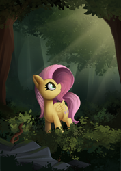Size: 2480x3508 | Tagged: safe, artist:andelai, fluttershy, pegasus, pony, bush, forest, nature, rock, solo, stone, tree