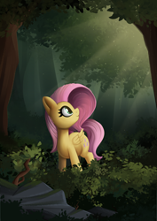 Size: 2480x3508 | Tagged: safe, artist:andelai, fluttershy, pegasus, pony, g4, bush, crepuscular rays, female, forest, looking up, mare, nature, rock, smiling, solo, stone, tree