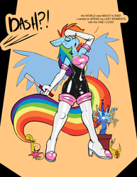 Size: 2550x3300 | Tagged: safe, artist:latexia, rainbow dash, pegasus, anthro, g4, abstract background, boots, breasts, clothes, commission, cosplay, costume, dialogue, evening gloves, female, gloves, high heel boots, high res, latex, latex gloves, latex suit, long gloves, offscreen character, open mouth, rainbow dash always dresses in style, rouge the bat costume, shoes, solo, sonic the hedgehog (series), tail, talking, text, wings