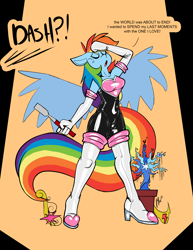 Size: 2550x3300 | Tagged: safe, artist:latexia, rainbow dash, tree of harmony, pegasus, anthro, g4, abstract background, big crown thingy, boots, breasts, clothes, commission, cosplay, costume, dialogue, element of magic, evening gloves, female, gloves, high heel boots, high res, jewelry, latex, latex gloves, latex suit, long gloves, offscreen character, open mouth, rainbow dash always dresses in style, regalia, rouge the bat costume, shoes, solo, sonic the hedgehog (series), tail, talking, text, thigh boots, wings