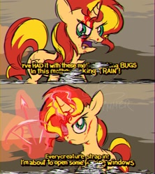 Size: 1920x2160 | Tagged: safe, artist:theratedrshimmer, sunset shimmer, unicorn, angry, blood, bruised, censored, censored vulgarity, chromatic aberration, fanfic art, horn, samuel l jackson, snakes on a plane, vhs