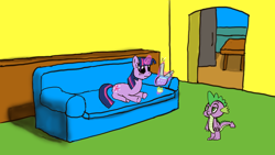 Size: 1920x1080 | Tagged: safe, spike, twilight sparkle, dragon, pony, unicorn, g4, atg 2024, bong, couch, crack, digital art, drugs, duo, duo male and female, family guy, female, horn, living room, male, mare, newbie artist training grounds, reference, unamused, unicorn twilight