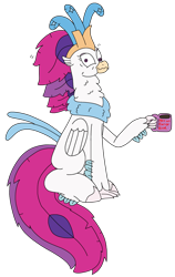 Size: 1887x2977 | Tagged: safe, artist:supahdonarudo, queen novo, classical hippogriff, hippogriff, g4, atg 2024, coffee, coffee mug, cross-eyed, holding, insanity, mug, neck fluff, newbie artist training grounds, simple background, sitting, solo, transparent background