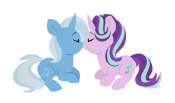 Size: 2650x1555 | Tagged: safe, artist:latexia, starlight glimmer, trixie, pony, unicorn, g4, duo, duo female, eyes closed, female, horn, kissing, lesbian, ship:startrix, shipping, simple background, white background