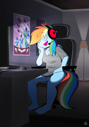 Size: 2398x3433 | Tagged: safe, artist:latexia, rainbow dash, pegasus, anthro, g4, barefoot, breasts, chair, cleavage, clothes, computer, computer mouse, eyes closed, feet, headphones, indoors, lamp, office chair, open mouth, open smile, panties, poster, room, shirt, sitting, smiling, tail, underwear, wonderbolts