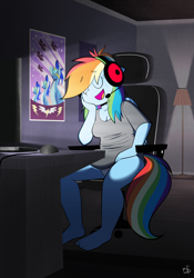 Size: 2398x3433 | Tagged: safe, artist:latexia, rainbow dash, pegasus, anthro, plantigrade anthro, g4, barefoot, breasts, chair, cleavage, clothes, computer, computer mouse, eyes closed, feet, headphones, indoors, lamp, office chair, open mouth, open smile, panties, poster, room, shirt, sitting, smiling, tail, underwear, wonderbolts