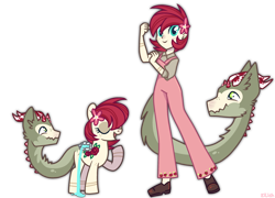 Size: 2500x1800 | Tagged: safe, alternate version, artist:eilidh-draw, oc, oc only, oc:cindy/silvia, earth pony, original species, paraspone, pony, wyrm, equestria girls, g4, augmented, augmented tail, clothes, commission, cute, equestria girls-ified, eyes closed, female, flexing, flower, flower in hair, freckles, mare, markings, overalls, pants, parasite, raised hoof, shirt, shoes, simple background, solo, sweater, tail, transparent background, unshorn fetlocks