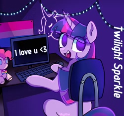 Size: 2048x1905 | Tagged: safe, artist:sillyp0ne, pinkie pie, twilight sparkle, pony, unicorn, bangs, big eyes, bilight sparkle, bisexual pride flag, bowtie, chair, colored, countershading, cute, desk, eye clipping through hair, eyelashes, fairy lights, female, horn, indoors, keyboard, long tail, looking at you, looking back, looking back at you, mare, missing cutie mark, monitor, no catchlights, no pupils, office chair, open mouth, open smile, pansexual pride flag, pinkie pie plushie, plushie, pride, pride flag, sitting, smiling, smiling at you, solo, straight mane, straight tail, tail, text, three toned mane, tri-color mane, tri-colored mane, tricolor mane, tricolored mane, twiabetes, two toned tail, unicorn twilight, watermark, white text