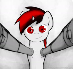 Size: 2000x1892 | Tagged: safe, artist:makc-hunter, oc, oc only, oc:blackjack, cyborg, cyborg pony, pony, unicorn, fallout equestria, fallout equestria: project horizons, amputee, augmented, concave belly, cyber legs, eyes closed, fanfic art, female, gray background, horn, hug, hug request, level 1 (project horizons), looking at you, mare, prosthetic eye, prosthetic limb, prosthetics, simple background, small horn, solo