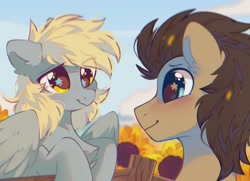 Size: 1469x1061 | Tagged: safe, artist:mirtash, derpy hooves, doctor whooves, time turner, earth pony, pegasus, pony, g4, big eyes, blonde mane, blue eyes, blushing, brown coat, brown mane, chest fluff, cloud, colored, countershading, cute, day, derpabetes, detailed background, doctorbetes, duo, duo male and female, ear fluff, eye clipping through hair, eyelashes, female, fence, flower, flower field, gray coat, lidded eyes, looking at each other, looking at someone, male, mare, missing accessory, outdoors, partially open wings, raised hooves, shiny eyes, shiny mane, ship:doctorderpy, shipping, sky, smiling, smiling at each other, stallion, starry eyes, straight, sunflower, wavy mouth, wing fluff, wingding eyes, wings, wooden fence