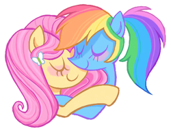 Size: 1720x1324 | Tagged: safe, artist:mewnikitty, fluttershy, rainbow dash, pegasus, pony, g4, alternate hairstyle, blushing, brown eyelashes, bust, butterfly hairpin, colored eyelashes, duo, duo female, equestria girls ponified, eyes closed, female, hairclip, hug, lesbian, mare, ponified, ponytail, purple eyelashes, ship:flutterdash, shipping, simple background, smiling, tied mane, white background