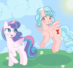 Size: 2048x1902 | Tagged: safe, artist:eltrash_art6, cozy glow, princess flurry heart, alicorn, pegasus, pony, g4, blushing, cloud, cozybetes, cute, duo, duo female, female, flower, flurrybetes, flying, grass, grin, looking at each other, looking at someone, mare, older, older cozy glow, older flurry heart, open mouth, smiling