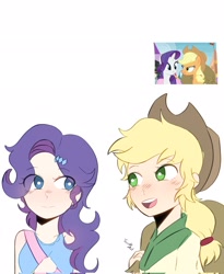 Size: 1677x2048 | Tagged: safe, artist:eltrash_art6, artist:trash-art06, applejack, rarity, human, alternate hairstyle, applejack's hat, bag, blushing, clothes, cowboy hat, duo, duo female, female, hat, humanized, lesbian, looking at each other, looking at someone, open mouth, screencap reference, ship:rarijack, shipping, shirt, simple background, tank top, white background