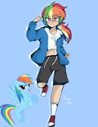 Size: 1571x2048 | Tagged: safe, artist:eltrash_art6, rainbow dash, human, pegasus, pony, g4, alternate hairstyle, belly button, clothes, converse, grin, hoodie, humanized, midriff, multicolored hair, ponytail, rainbow hair, shirt, shoes, shorts, smiling, socks, solo, sports shorts, t-shirt, white pupils