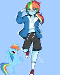Size: 1080x1350 | Tagged: safe, alternate version, artist:eltrash_art6, artist:trash-art06, rainbow dash, pegasus, pony, equestria girls, g4, alternate hairstyle, belly button, clothes, converse, grin, hoodie, midriff, multicolored hair, ponytail, rainbow hair, shirt, shoes, shorts, smiling, socks, solo, sports shorts, t-shirt, white pupils
