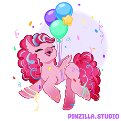 Size: 640x640 | Tagged: safe, artist:pinzillastudio, oc, oc only, classical hippogriff, hippogriff, g4, balloon, confetti, eyes closed, female, floating, fusion, fusion:pinkie pie, fusion:pinkiestream, fusion:silverstream, hippogriff oc, open mouth, open smile, simple background, small wings, smiling, solo, stars, white background, wings