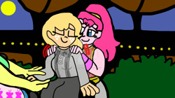 Size: 1193x670 | Tagged: safe, artist:bigbee17, artist:iamscar2017, fluttershy, pinkie pie, oc, oc:applejack, equestria girls, g4, alternate hairstyle, arm massage, deviantart, deviantart watermark, eyes closed, hand massage, lidded eyes, massage, obtrusive watermark, pamper, pampering, relax, relaxation, relaxing, rub, rubbing, shoulder massage, shoulder rubbing, soothing, spa, sun, sunlight, watermark