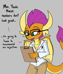 Size: 2160x2538 | Tagged: safe, artist:tjpones, smolder, dragon, anthro, g4, clipboard, clothes, dialogue, dragoness, explicit source, female, glasses, grammar error, gray background, high res, lab coat, pants, pencil, shirt, simple background, solo