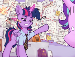 Size: 1200x916 | Tagged: safe, artist:zeepheru_pone, starlight glimmer, twilight sparkle, alicorn, pony, unicorn, g4, atg 2024, book, clothes, conspiracy theory, duo, duo female, female, heliocentric theory, horn, it's always sunny in philadelphia, mare, math, meme, necktie, newbie artist training grounds, paper, pepe silvia, ponified meme, quill, shirt