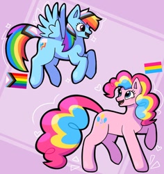 Size: 640x678 | Tagged: safe, artist:furiitha096, pinkie pie, rainbow dash, earth pony, pegasus, pony, g4, alternate mane color, duo, duo female, female, flying, heart, looking at someone, open mouth, open smile, pansexual pride flag, pride, pride flag, pride month, progressive pride flag, raised hoof, smiling, sparkles