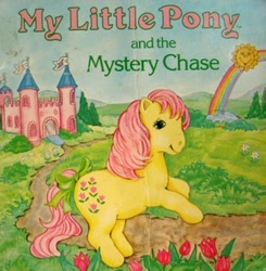 Size: 318x324 | Tagged: safe, artist:cathy beylon, posey, earth pony, pony, g1, official, book, book cover, bow, castle, cover, female, flower, mare, my little pony and the mystery chase, rainbow, solo, sun, tail, tail bow, tree, tulip