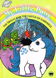 Size: 724x1000 | Tagged: safe, majesty, pony, troll (fantasy), unicorn, g1, official, book, book cover, bow, castle, cover, female, female focus, horn, mare, solo focus, tail, tail bow, the trolls and the castle of darkness