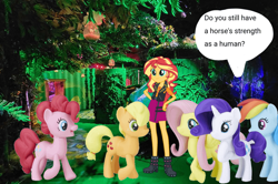 Size: 640x426 | Tagged: safe, artist:revolutionarygrape11, applejack, fluttershy, pinkie pie, rainbow dash, rarity, sunset shimmer, earth pony, human, pegasus, pony, unicorn, equestria girls, g4, boots, clothes, dream, female, freckles, hand on hip, horn, open mouth, open smile, room, shoes, skirt, smiling, speech bubble