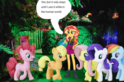 Size: 640x426 | Tagged: safe, artist:revolutionarygrape11, applejack, fluttershy, pinkie pie, rainbow dash, rarity, sunset shimmer, bird, earth pony, human, pegasus, pony, toucan, unicorn, equestria girls, g4, boots, clothes, dream, female, freckles, hand on hip, horn, open mouth, open smile, room, shoes, skirt, smiling, speech bubble